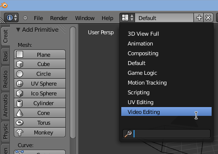 Screenshot of Blenders window layout menu